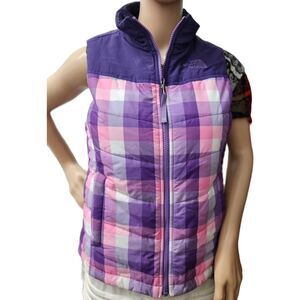The North Face Plaid Quilted Puff Vest in Purple / Pink